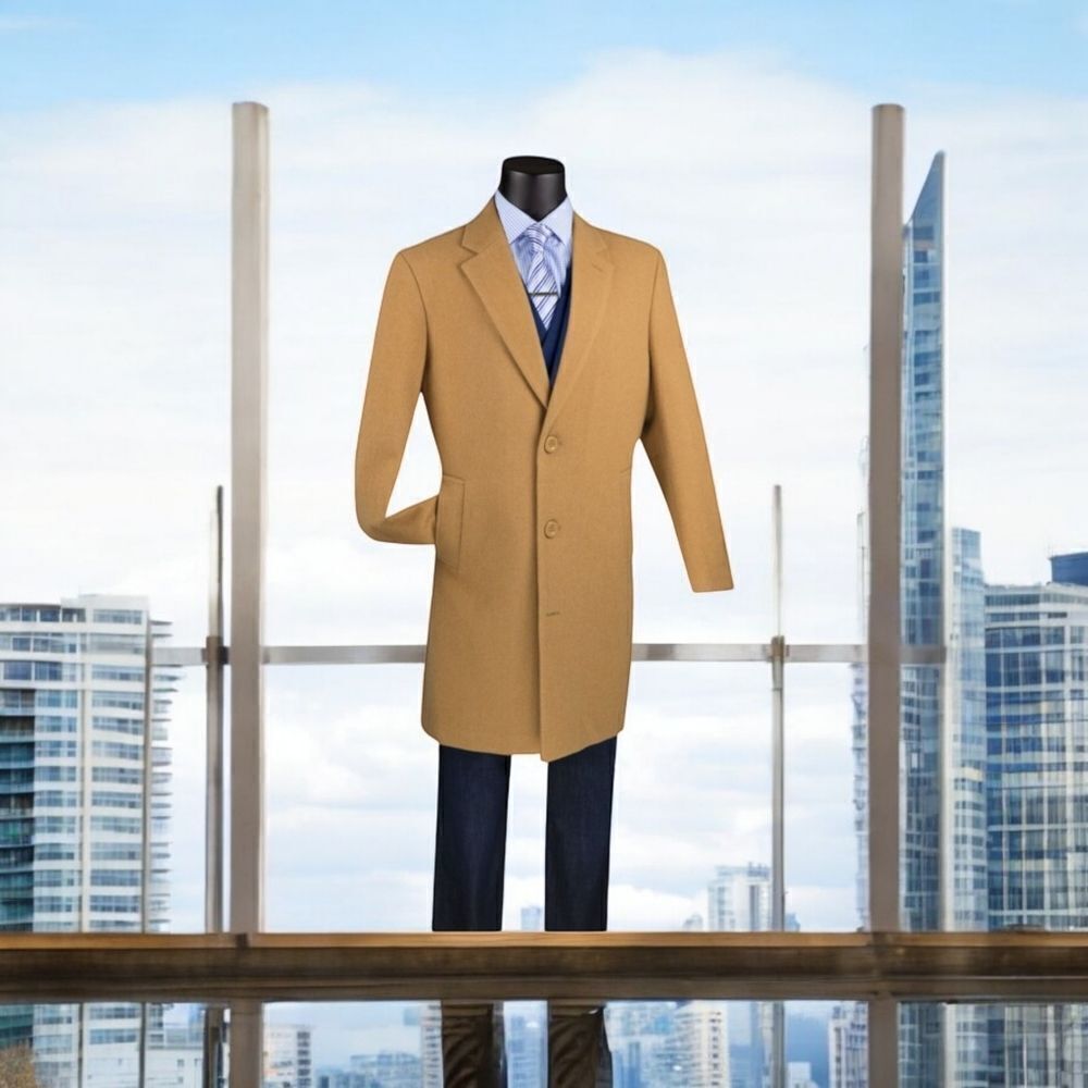 MEN'S VINCI 3/4 LENGTH 38" CAMEL CASHMERE BLEND TOP COAT. CL38